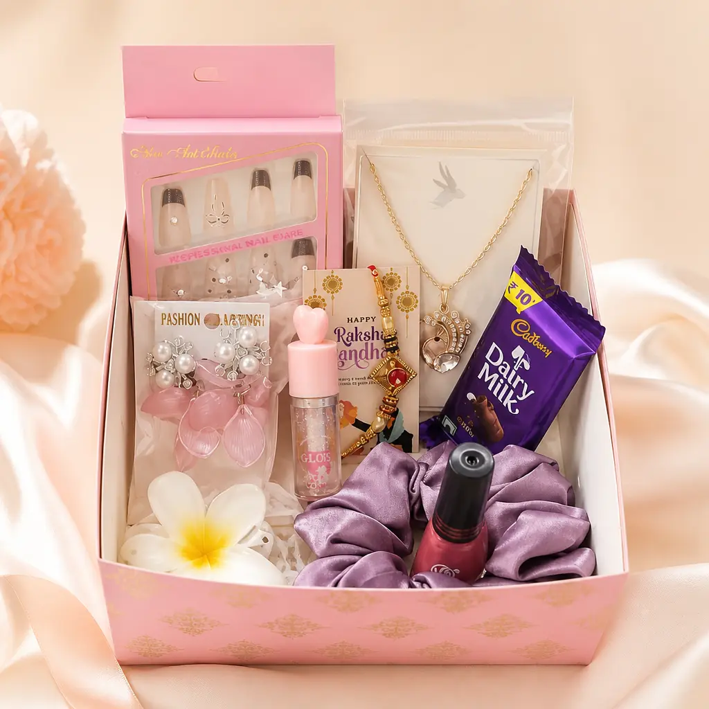 GyftStore Small Rakhi Hamper — scrunchie, earrings, hair clip, necklace, nail paint, press-on nails, lip gloss, chocolate and a rakhi in a pink gift tray